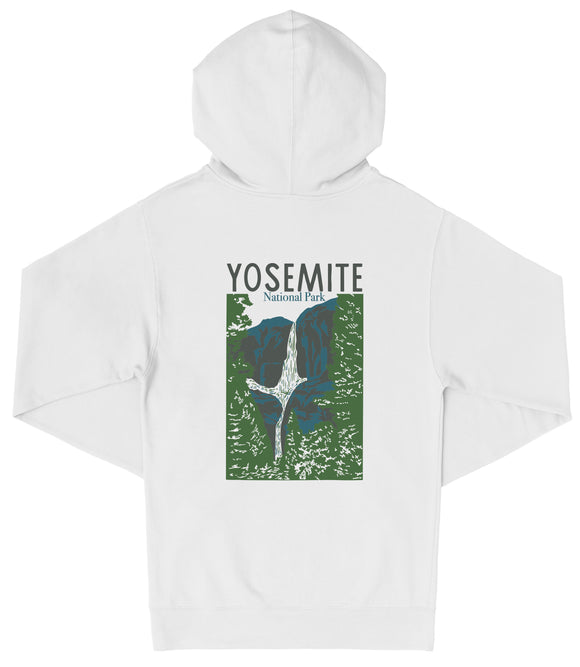 A white hooded sweatshirt with a graphic design featuring a mountain landscape and the text "YOSEMITE National Park" printed on it.