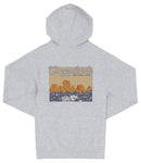 A gray hooded sweatshirt with a graphic design depicting a scenic landscape with mountains and water.