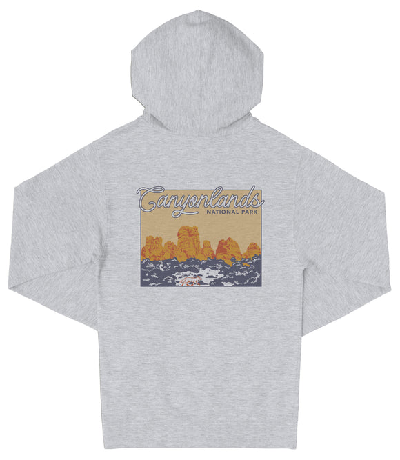 A gray hooded sweatshirt with a graphic design depicting a scenic landscape with mountains and water.