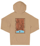 A beige hooded sweatshirt with a graphic design on the back, depicting a person standing in front of a waterfall.
