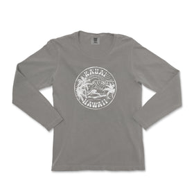 a gray long sleeve shirt with a white logo