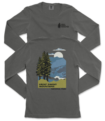 a gray long-sleeve t-shirt with a graphic design depicting a mountain landscape with pine trees, a full moon, and clouds. The text on the t-shirt reads "GREAT SMOKY MOUNTAINS NATIONAL PARK".
