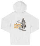 A white hooded sweatshirt with a graphic design featuring a tree and text that says "SEQUOIA NATIONAL PARK CALIFORNIA".