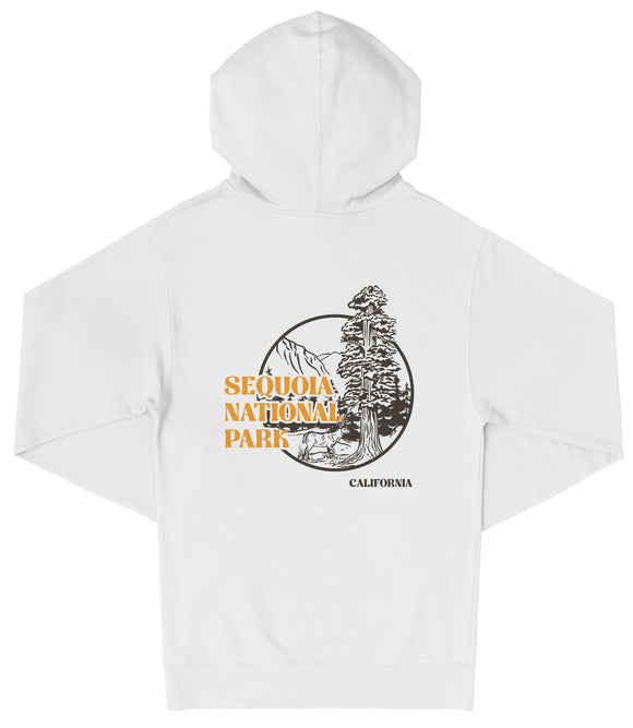 A white hooded sweatshirt with a graphic design featuring a tree and text that says "SEQUOIA NATIONAL PARK CALIFORNIA".