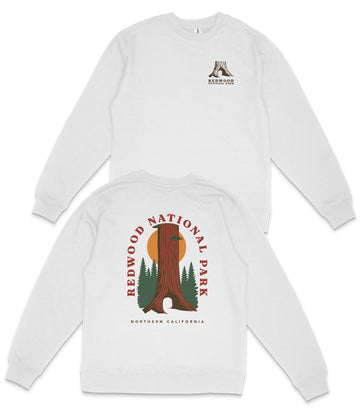 A white long-sleeved shirt with a graphic design depicting a redwood tree and the text "REDWOOD NATIONAL PARK NORTHERN CALIFORNIA".