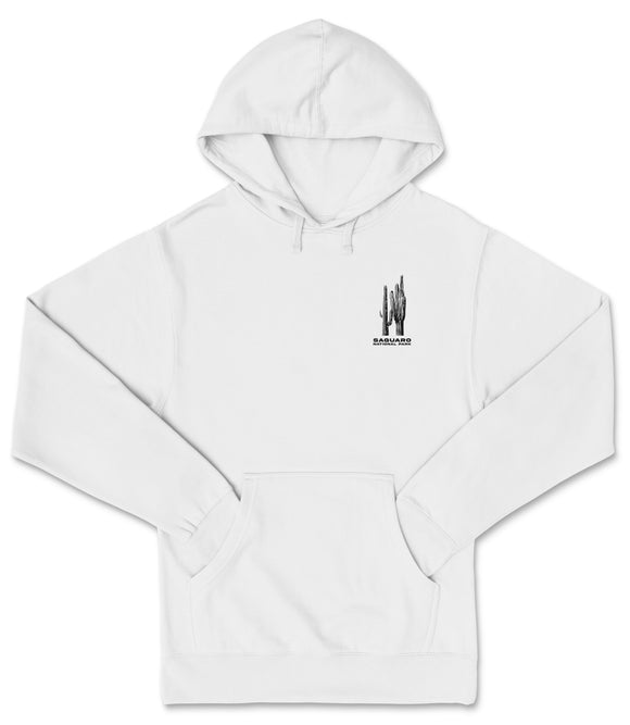 A white hoodie with a graphic design on the front.