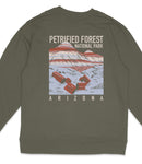 A gray sweatshirt with a graphic design depicting the Petrified Forest National Park in Arizona.