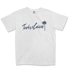 a white t - shirt with a palm tree in the background