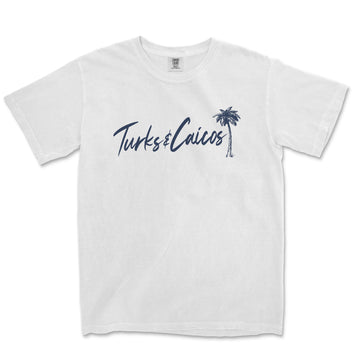 a white t - shirt with a palm tree in the background