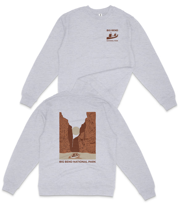 A grey sweatshirt with a graphic design depicting a canyon and a boat on the water, along with the text "BIG BEND NATIONAL PARK".