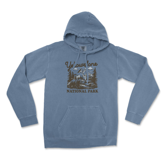 a blue hoodie with the words yellowstone park on it