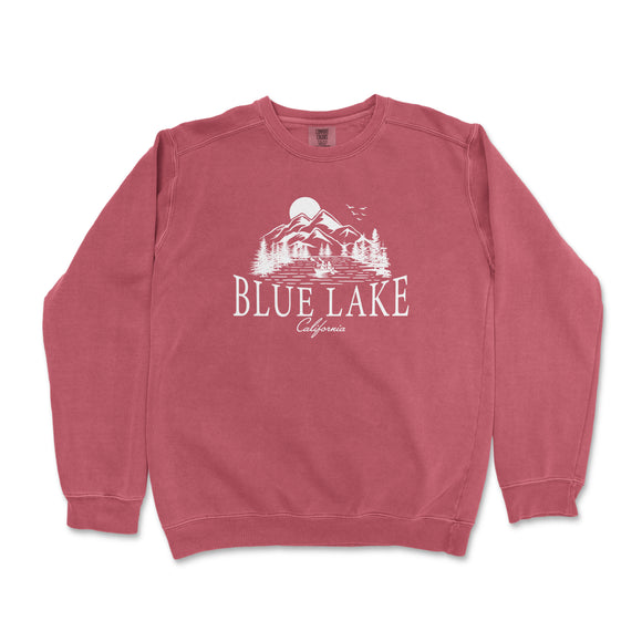 a red sweatshirt with the words blue lake on it