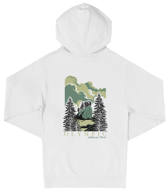 A white hooded sweatshirt with a graphic design depicting a scenic landscape with pine trees, mountains, and a cloudy sky.