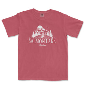 a red t - shirt with the words salmon lake on it