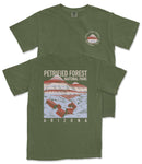 A green t-shirt with a graphic design depicting a mountain range and the text "PETRIFIED FOREST NATIONAL PARK ARIZONA" printed on it.