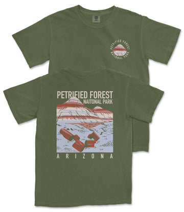 A green t-shirt with a graphic design depicting a mountain range and the text "PETRIFIED FOREST NATIONAL PARK ARIZONA" printed on it.
