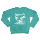 a turquoise sweatshirt with a white graphic of a wave and palm trees