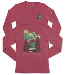 A red long-sleeved t-shirt with a graphic design depicting a mountain landscape and the text "OLYMPIC" printed on it.