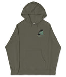 A grey hooded sweatshirt with a graphic design on the front.