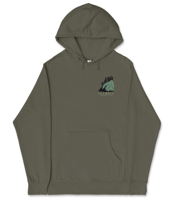 A grey hooded sweatshirt with a graphic design on the front.