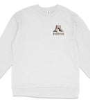 A white long-sleeved shirt with a logo on the left side.