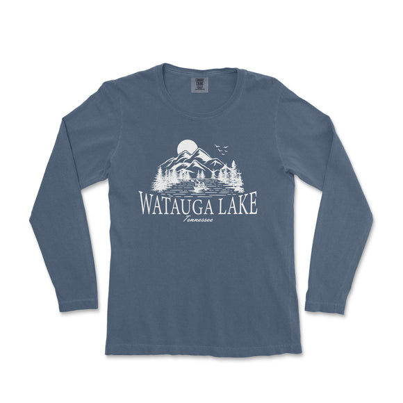 a blue long sleeve shirt with the words watauga lake on it