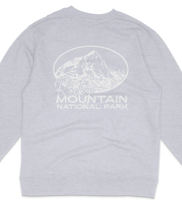 A gray sweatshirt with a graphic design featuring a mountain and the text "Rocky Mountain National Park" printed on it.