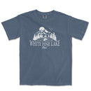 a blue t - shirt with white pine lake on it