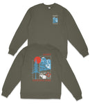 a grey sweatshirt with a graphic design on the back, featuring a red sun, blue mountains, and various wildlife elements.