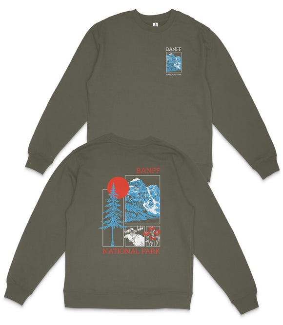 a grey sweatshirt with a graphic design on the back, featuring a red sun, blue mountains, and various wildlife elements.