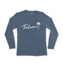 a blue long sleeve shirt with a palm tree in the middle