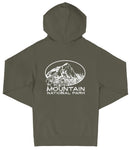 A dark green hooded sweatshirt with a white graphic design on the back, depicting a mountain and the text "Rochester Mountain National Park".