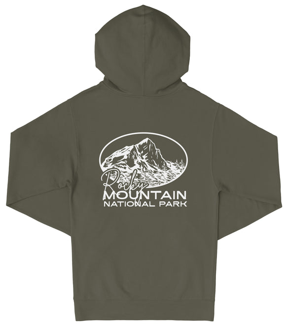 A dark green hooded sweatshirt with a white graphic design on the back, depicting a mountain and the text "Rochester Mountain National Park".