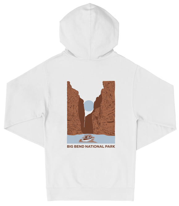 A white hooded sweatshirt with a graphic design depicting a canyon landscape with a boat in the foreground.