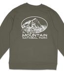 A grey sweatshirt with a white graphic design depicting a mountain and the text "Rocky Mountain National Park" printed on it.