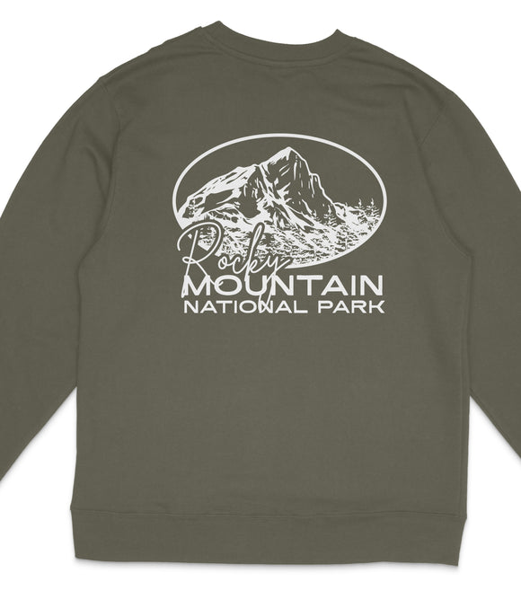 A grey sweatshirt with a white graphic design depicting a mountain and the text "Rocky Mountain National Park" printed on it.
