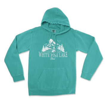 a green hoodie with white pine lake on it