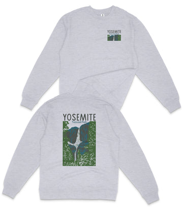 A gray sweatshirt with a graphic design on the back depicting a mountain range and the text "YOSEMITE" printed on it.