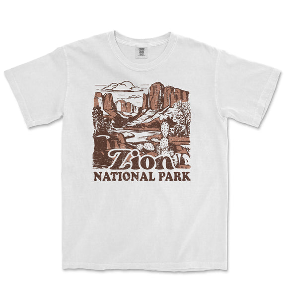a white t - shirt with a picture of the national park