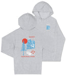 A grey hooded sweatshirt with a graphic design featuring a mountain landscape, a sun, and a bear.