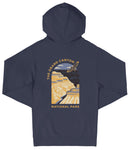 A navy blue hooded sweatshirt with a graphic design depicting the Grand Canyon and the text "The Grand Canyon National Park" printed on it.