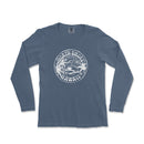a blue long - sleeved shirt with a mountain scene on it