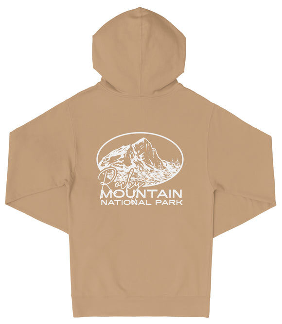 A beige hooded sweatshirt with a white graphic design on the back, depicting a mountain and the text "Rocky Mountain National Park".