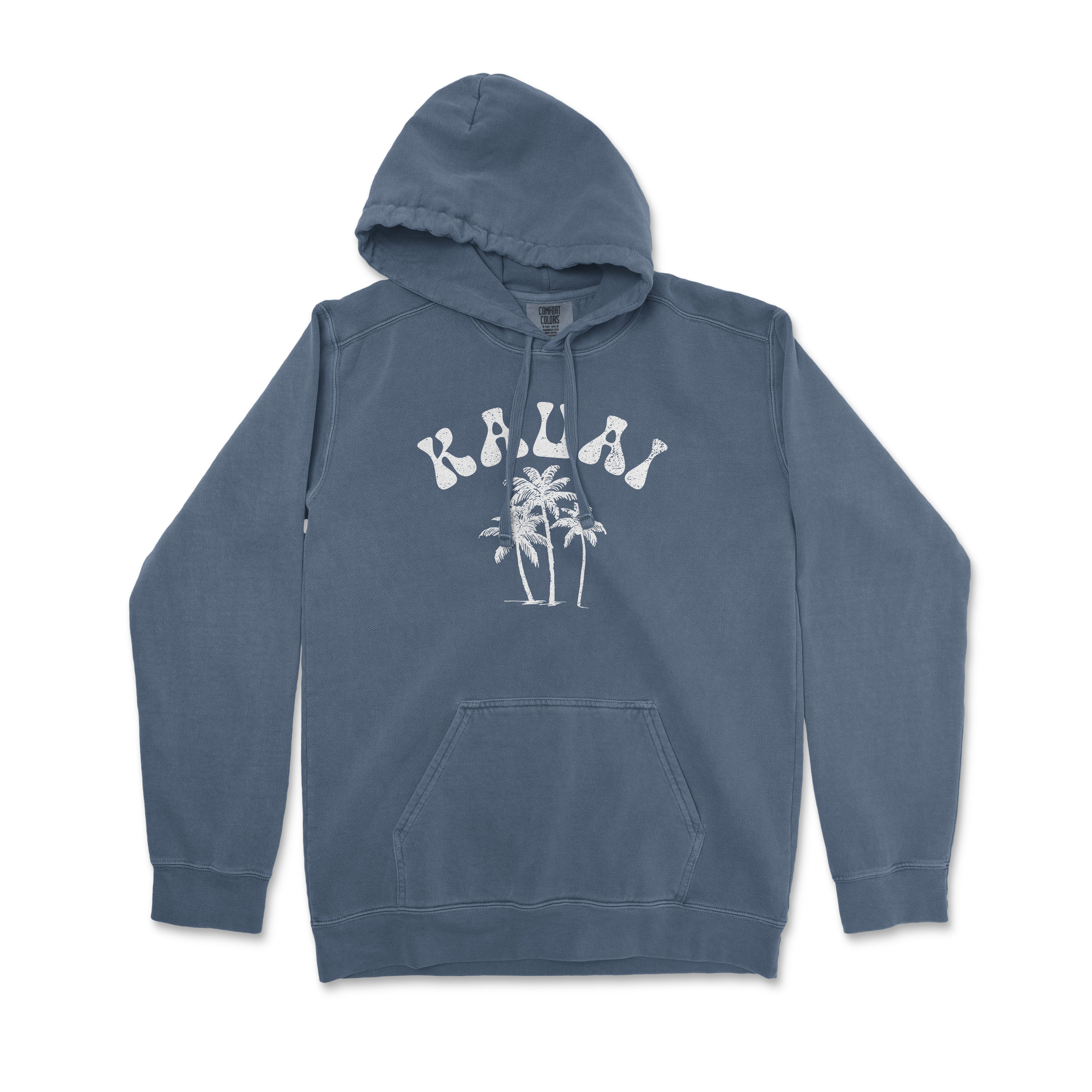 a blue hoodie with palm trees on it