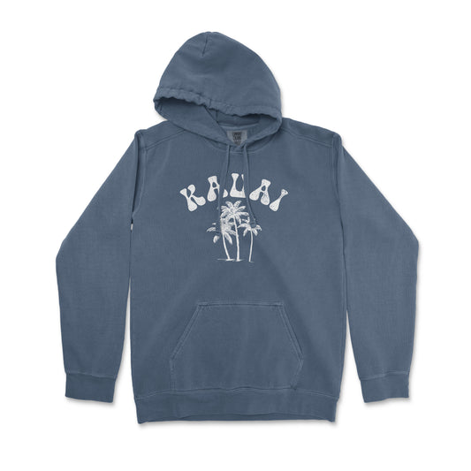 a blue hoodie with palm trees on it
