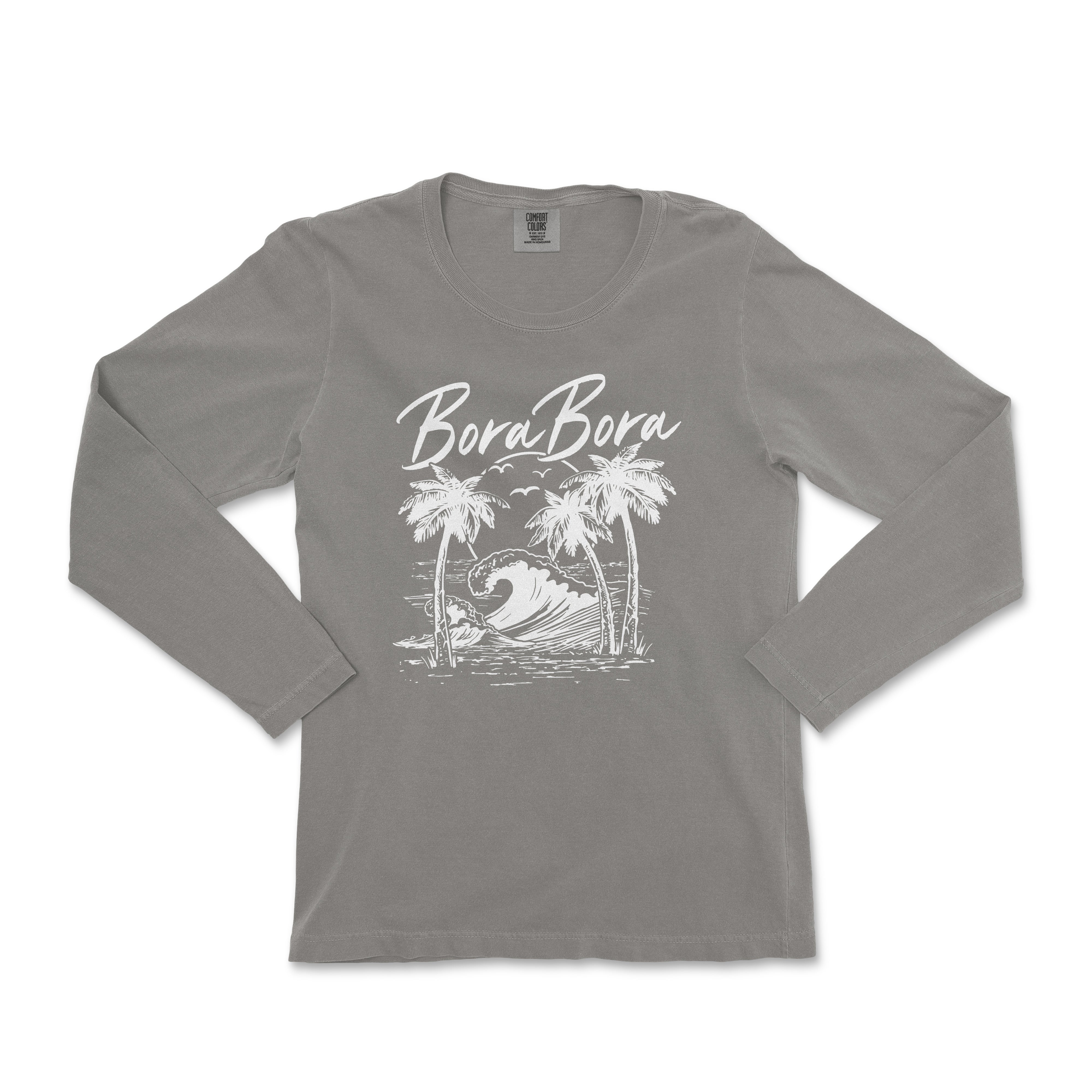 a women's long - sleeved shirt with a surfboard and palm trees