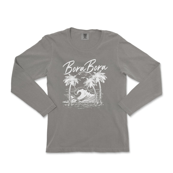 a women's long - sleeved shirt with a surfboard and palm trees