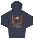 A navy blue hooded sweatshirt with a graphic design depicting a nighttime scene with a full moon, a bird, and a forest landscape.