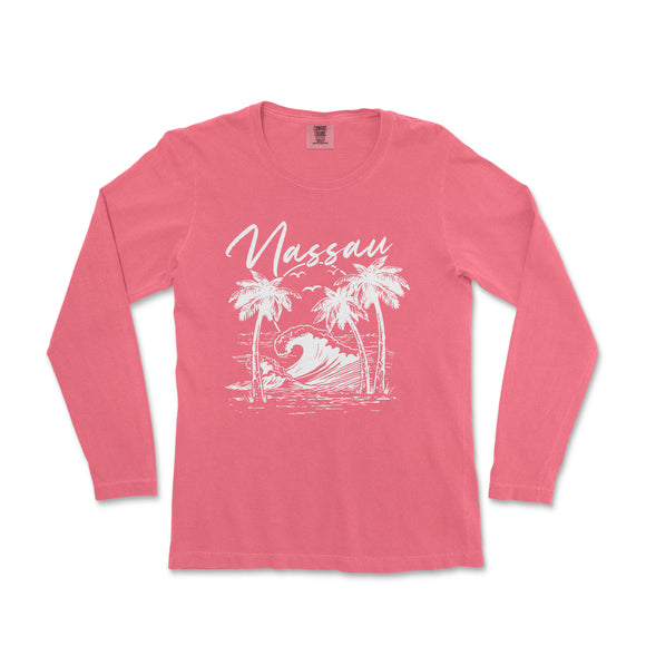 a women's pink long sleeve shirt with a picture of a wave and palm