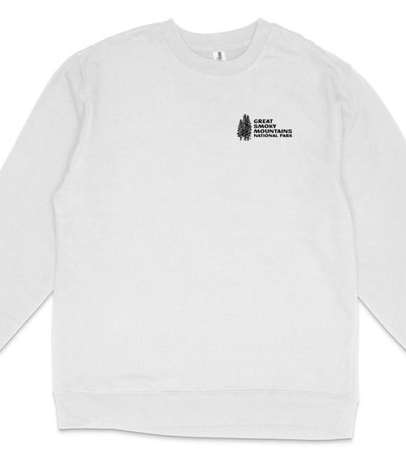 A white long-sleeved shirt with a small black logo on the left side.